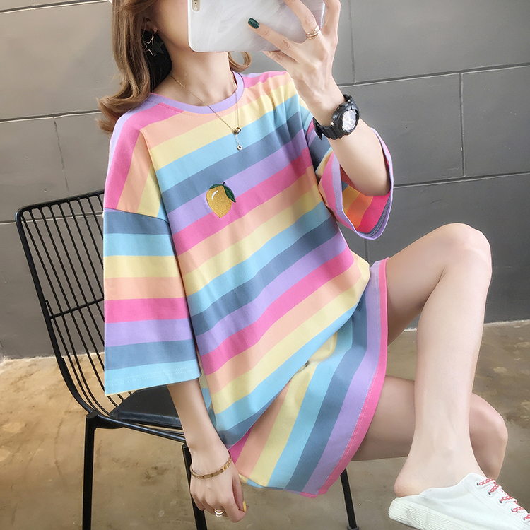 Pure Cotton Mid-Length Stylish Summer Rainbow Striped Loose Plus-Size High-End Short-Sleeve T-Shirt for Women