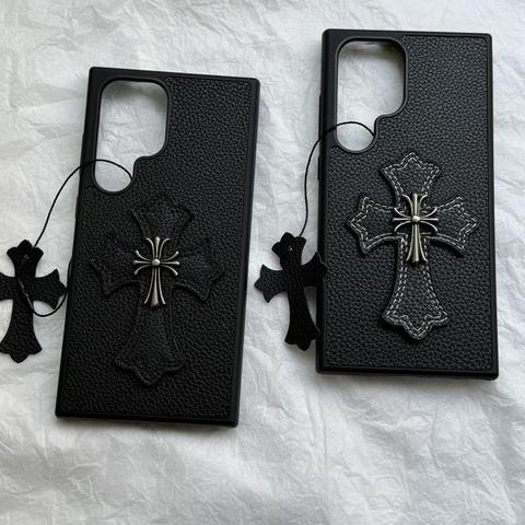 Chrome Hearts – Dark Leather With Silver Cross Charm - S24, S24 Plus, S24 Ultra Samsung Phone Case