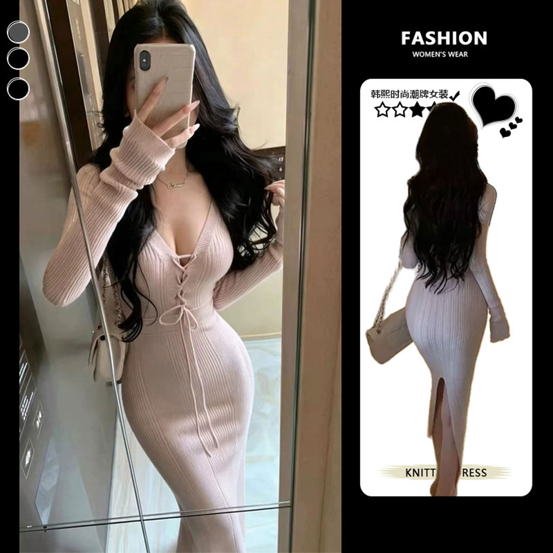 French-Style Spicy Girl Pure Desire V-Neck Tie Pink Knit Dress for Women, Autumn and Winter Petite Slim-Fit Bodycon Dress French-Style Spicy Girl Pure Desire V-Neck Tie Pink Knit Dress for Women, Autumn and Winter Petite Slim-Fit Bodycon Dress