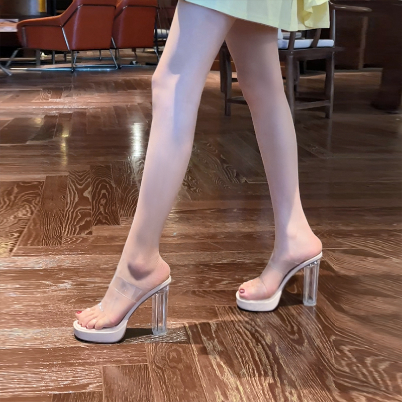 Crystal Glass Transparent High-Heeled Shoes for Women, New Waterproof Platform, Chunky Heel, Elegant Socialite Style, 12cm Single Strap Open-Toe Sandals