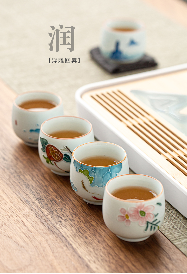 True hand - made kung fu sheng ceramics cup household sample tea cup large relief Japanese small bowl cups of a single host