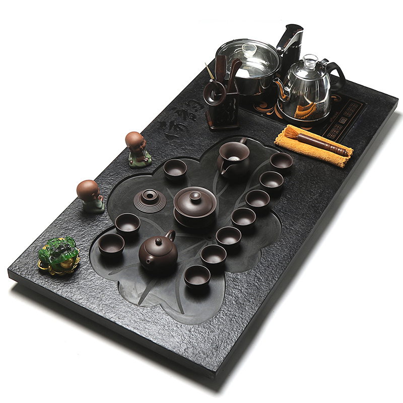 True to sharply stone tea tray tea suit household whole tea four unity induction cooker glass automatic kung fu