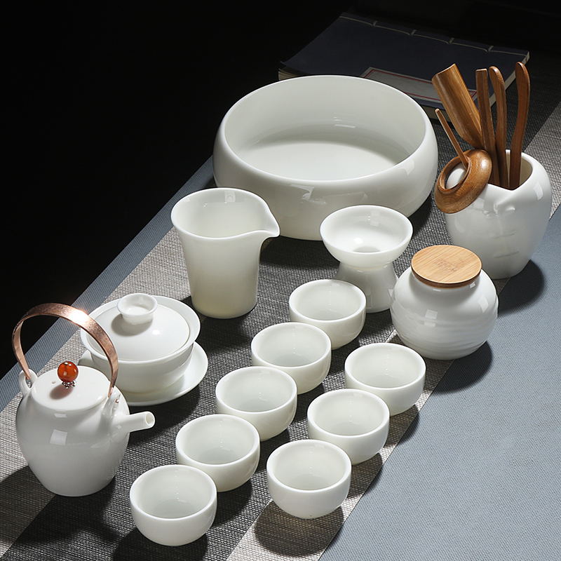 True sheng white porcelain kung fu tea set ceramic teapot cup household contracted a whole set of gift set suet jade contracted