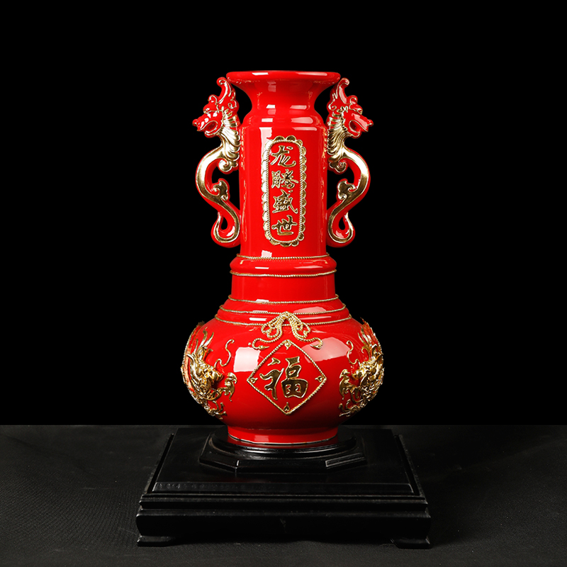 Really sheng China xiamen red double dragon vase housewarming opening birthday birthday gift paint line carve ceramic hydraulic wind