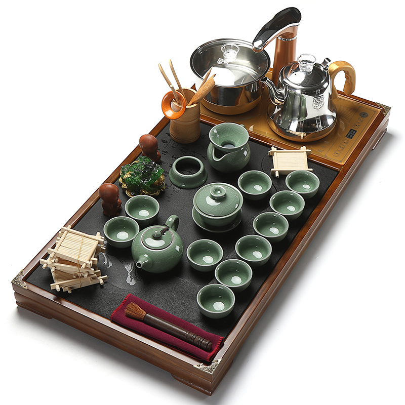 True to a complete set of tea set tea home sharply stone tea tray was solid wood blocks automatic induction cooker together