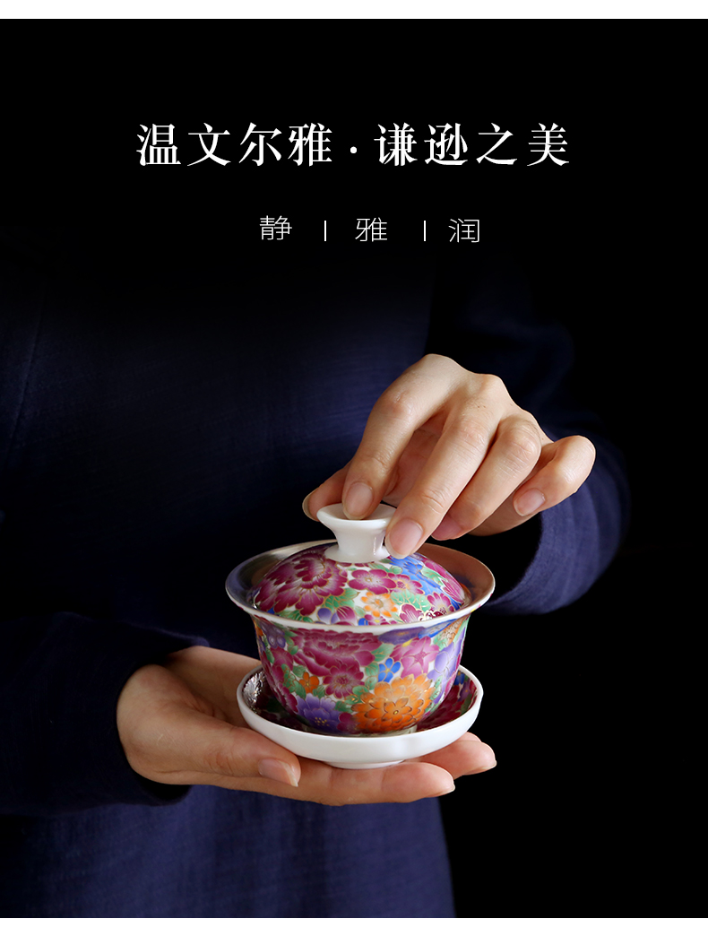 True sheng coppering. As silver tea set household kung fu tea ware colored enamel silver cup teapot ceramic gift boxes