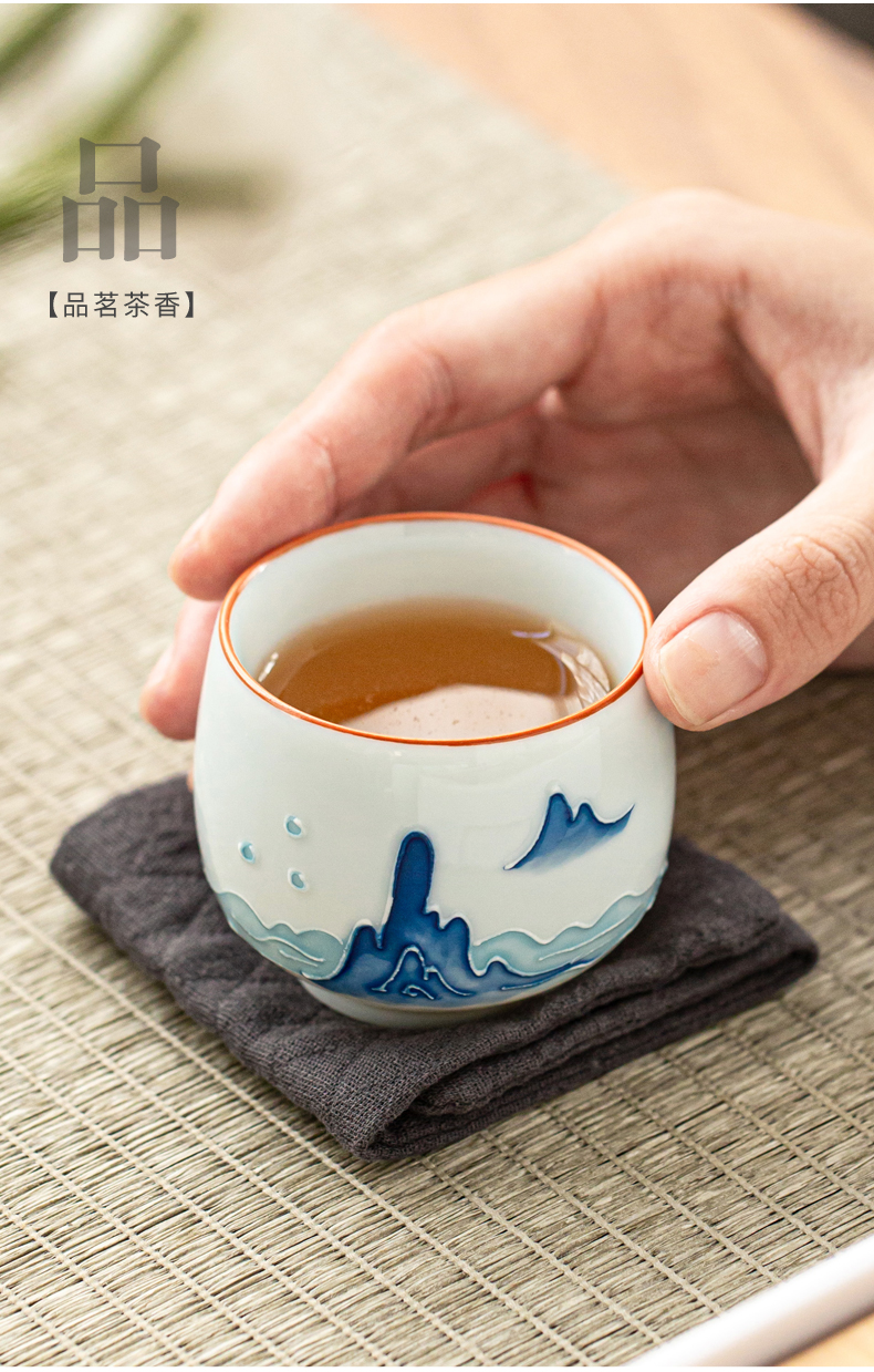 True hand - made kung fu sheng ceramics cup household sample tea cup large relief Japanese small bowl cups of a single host