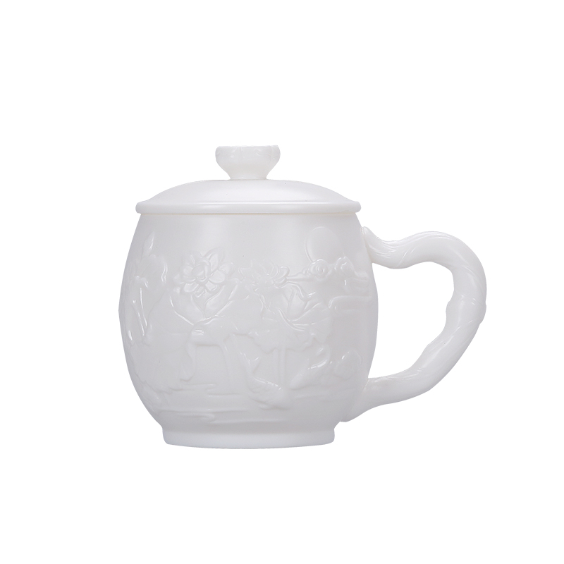 True sheng jade suet white porcelain relief office of the high - end boss cup cup personal ceramic tea cup cup gift mugs