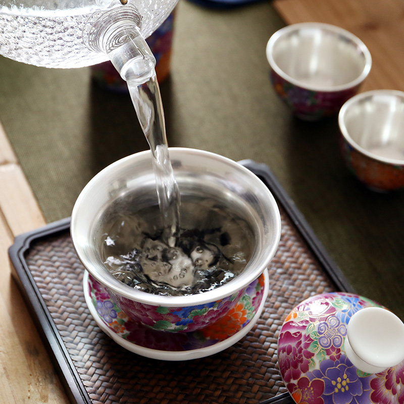 True sheng coppering. As silver tea set household kung fu tea ware colored enamel silver cup teapot ceramic gift boxes