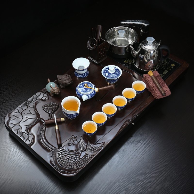 True sheng ebony wood tea tray tea set kung fu tea cups home a complete set of automatic teapot tea taking