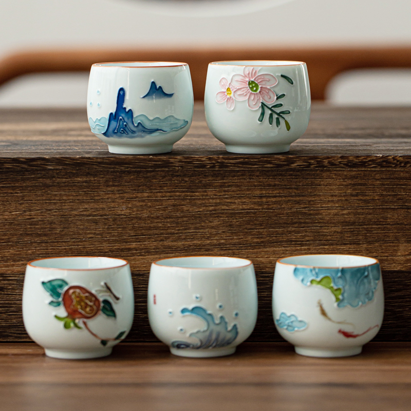 True hand - made kung fu sheng ceramics cup household sample tea cup large relief Japanese small bowl cups of a single host