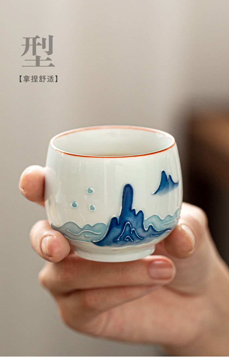 True hand - made kung fu sheng ceramics cup household sample tea cup large relief Japanese small bowl cups of a single host