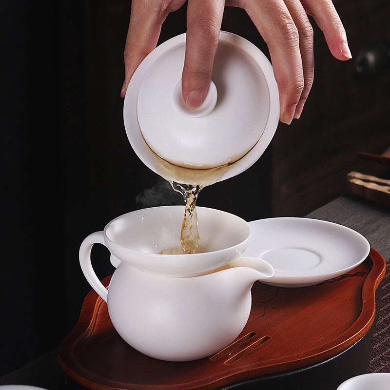 True cheng dehua suet white jade kung fu tea tureen teapot contracted ceramic cups kung fu gift set