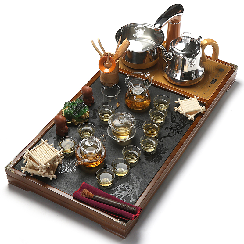 True to a complete set of tea set tea home sharply stone tea tray was solid wood blocks automatic induction cooker together