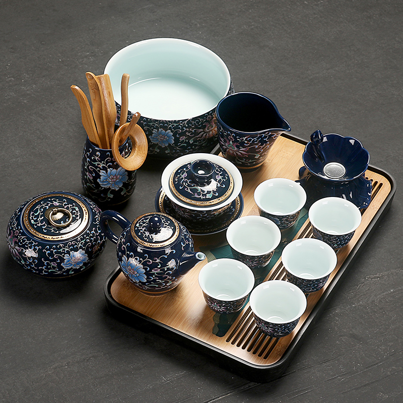 Really sheng ji blue glaze ceramic tureen tea set of a complete set of kung fu tea cups little POTS dry terms plate of household