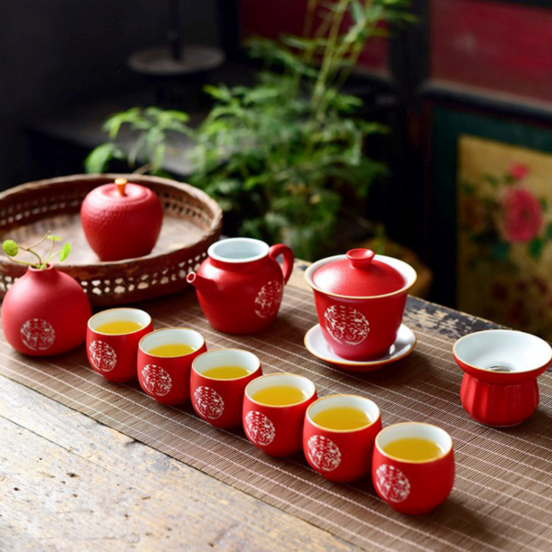 True shing new Chinese style wedding make tea tea set ceramic teapot teacup wedding gift set red double happiness wedding