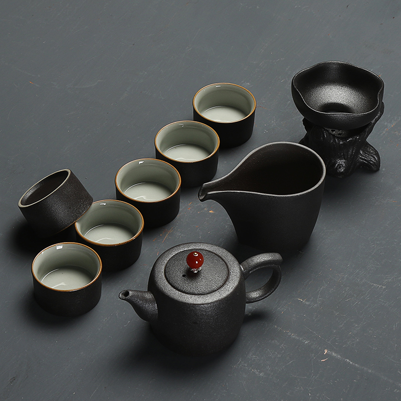 Really sheng black pottery tea set the whole household Japanese vintage kung fu tea set and old rock mud gift teapot tea cup