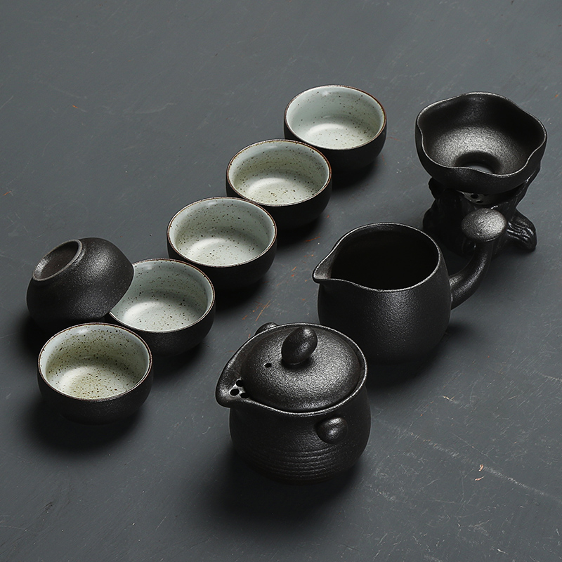 Really sheng black pottery tea set the whole household Japanese vintage kung fu tea set and old rock mud gift teapot tea cup