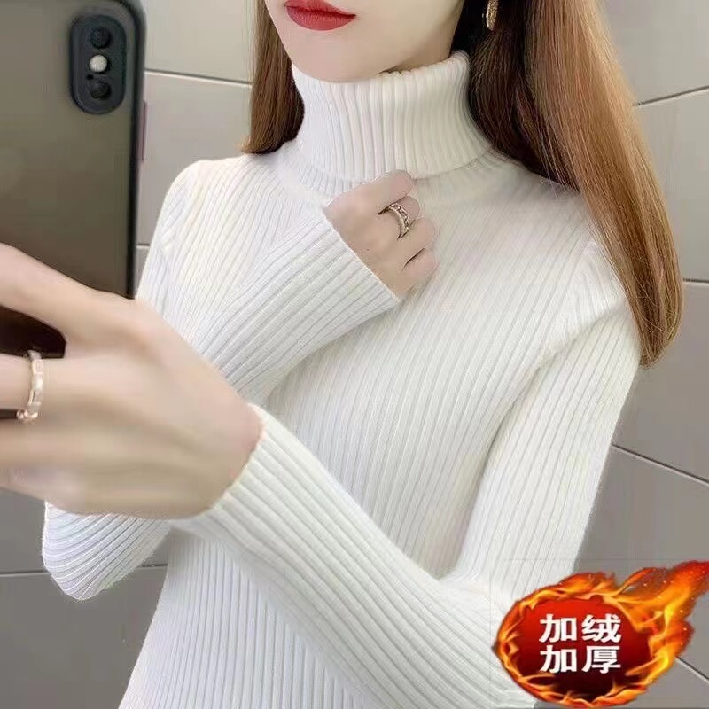 Fleece-Lined Thick Turtleneck Sweater for Women, New Autumn and Winter Slim-Fit Solid Color Knitted Base Shirt with a Turn-Down Collar, Short Top