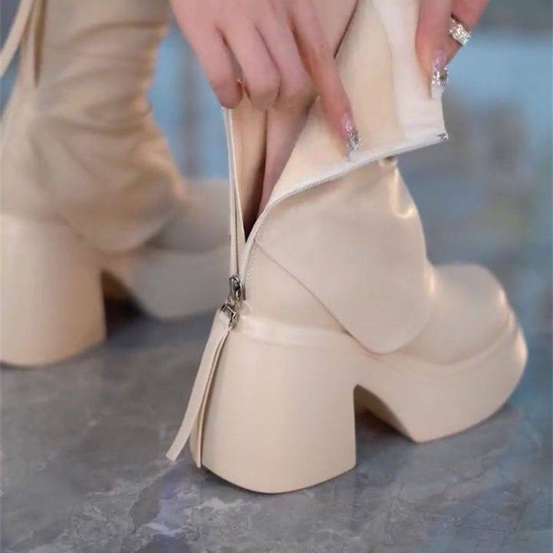 Brand Genuine Leather Short Boots for Petite Women with Thick Soles and Height-Increasing Features, Mid-Calf Autumn and Winter Martin Boots, Round-Toe Short Boots, New Waterproof Fashion Style