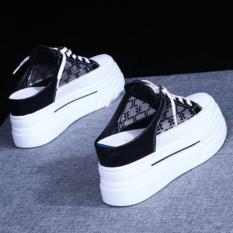 Open-Back Slip-On Shoes for Women with 5cm High Heels, Mesh Upper, Thick Sole, 8cm Hidden Heel, Casual, No Heel