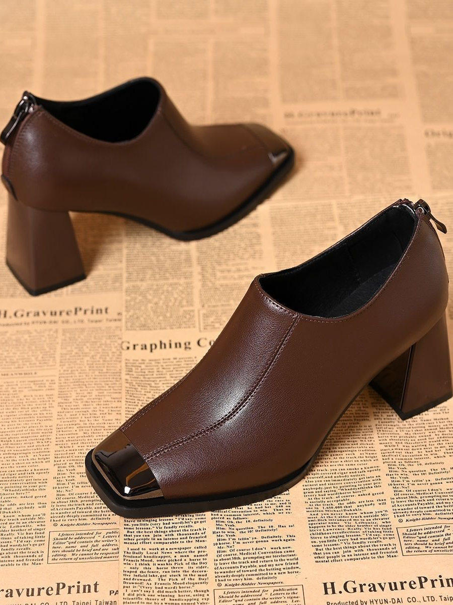 Genuine Leather Women's Shoes with Metal Toe Cap, Anti-Kick High Heels, 2025 Spring New Style, Square Toe, Deep Cut, Soft Sole, Elegant Single Shoes