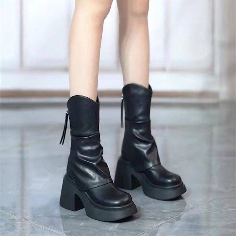 Brand Genuine Leather Short Boots for Petite Women with Thick Soles and Height-Increasing Features, Mid-Calf Autumn and Winter Martin Boots, Round-Toe Short Boots, New Waterproof Fashion Style