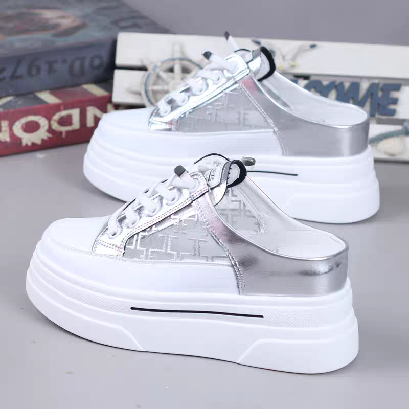 Open-Back Slip-On Shoes for Women with 5cm High Heels, Mesh Upper, Thick Sole, 8cm Hidden Heel, Casual, No Heel