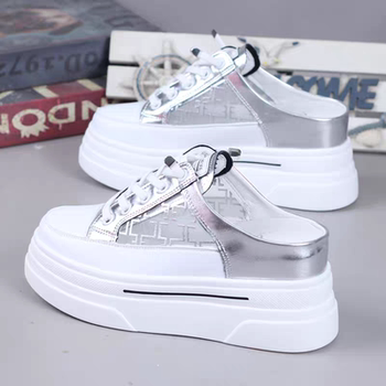 Open-Back Slip-On Shoes for Women with 5cm High Heels, Mesh Upper, Thick Sole, 8cm Hidden Heel, Casual, No Heel