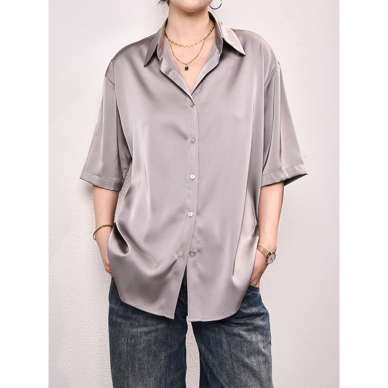 Smoky Gray Imitation Acetate Satin Short-Sleeved Shirt, Loose Large Size Women's Drop-Shoulder Sleeves, Drapey, Lazy and Glossy Top