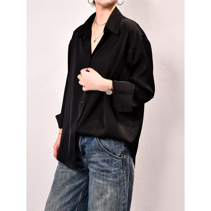 High-End Black Imitation Acetate Satin Shirt, Loose Fit, Plus Size Women's Drop Shoulder Sleeves, Drapey, Lazy, Glossy, Niche Top High-End Black Imitation Acetate Satin Shirt, Loose Fit, Plus Size Women's Drop Shoulder Sleeves, Drapey, Lazy, Glossy, Niche Top