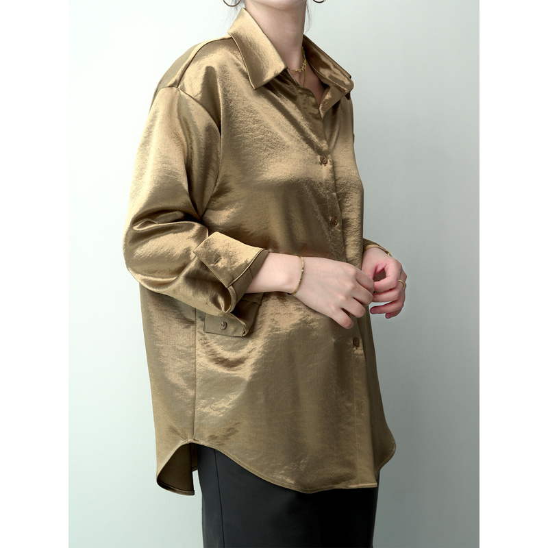 Heavyweight Thickened [Gilded] Champagne-Colored Satin Shirt, Loose and Drapey, Wrinkle-Resistant, Casual Spring and Autumn Women's Top