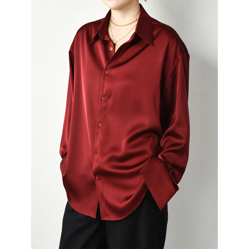 Burgundy Imitation Acetate Satin Shirt, Loose Plus Size Women's Drop Shoulder Sleeves, High-End Drape, Lazy Glossy Top