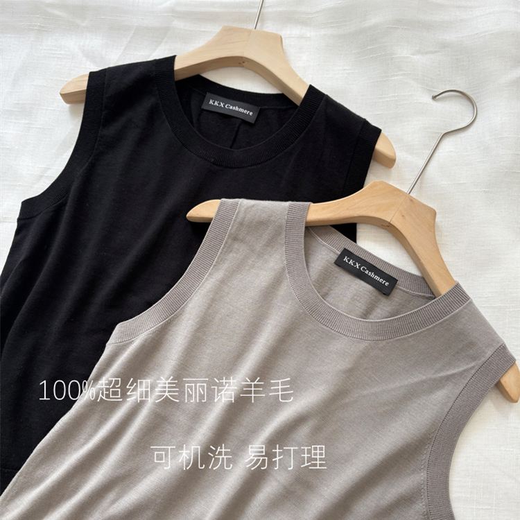 Machine Washable, Superfine Merino Wool, Women's Round Neck Wool Vest, Knitted Sleeveless Spring and Summer Thin Style for Layering