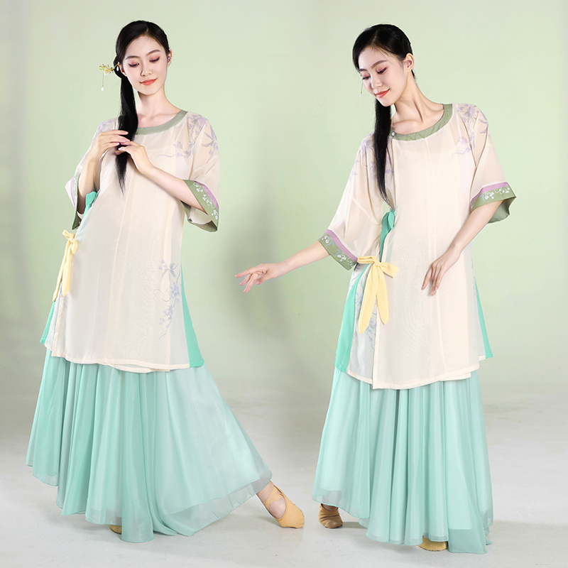 Nighttime Qinhuai Dance Costume, Loose Round-Neck Ming-Style Outer Shirt, Gentle Breeze Performance Outfit, New Large-Swing Skirt Set