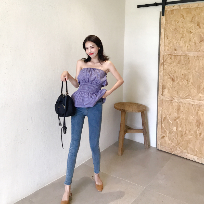 2018 xuân hè mới xù lông xù kẻ sọc một bên tay áo tay áo Slim hai mặc áo sơ mi nữ áo tập yoga