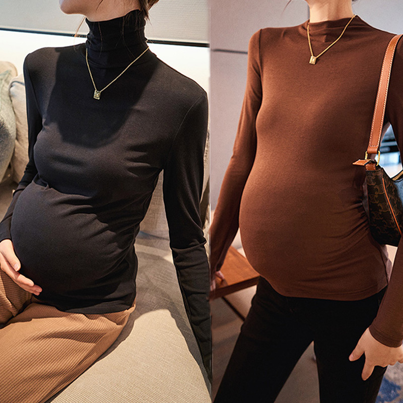 Pregnancy Woman Dress Jacket Outside Wearing elastic MoDel Long sleeves Undershirt Autumn Winter Delsuede Warm Half High Collar Hitch T-shirt-Taobao