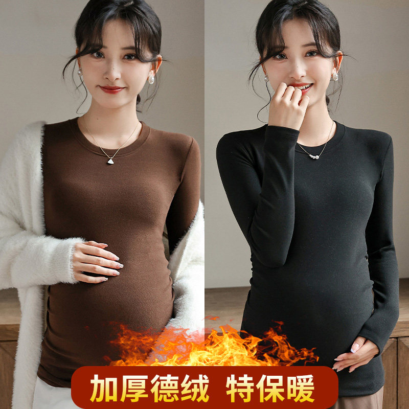 Pregnant woman beating undershirt autumn and winter round neckline delsuede plus suede thickened t-shirt with loose jacket autumn clothes gestation maternity dress-Taobao