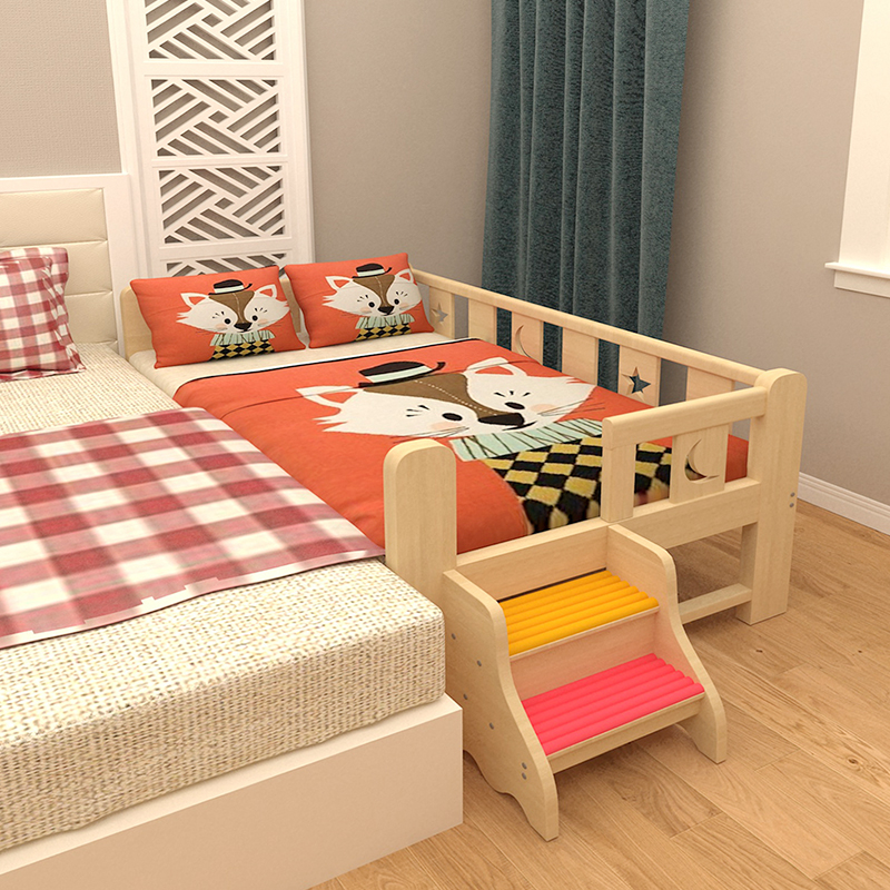 Solid wood unpainted crib with guardrails pine wood widening lengthened splicing bed minimalist children bed linen bed customizable