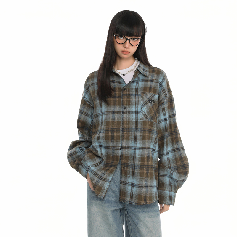 King Prince Two-Tone Brushed Plaid Shirt Trendy Brand Unisex Retro American Loose Casual Japanese Style Shirt