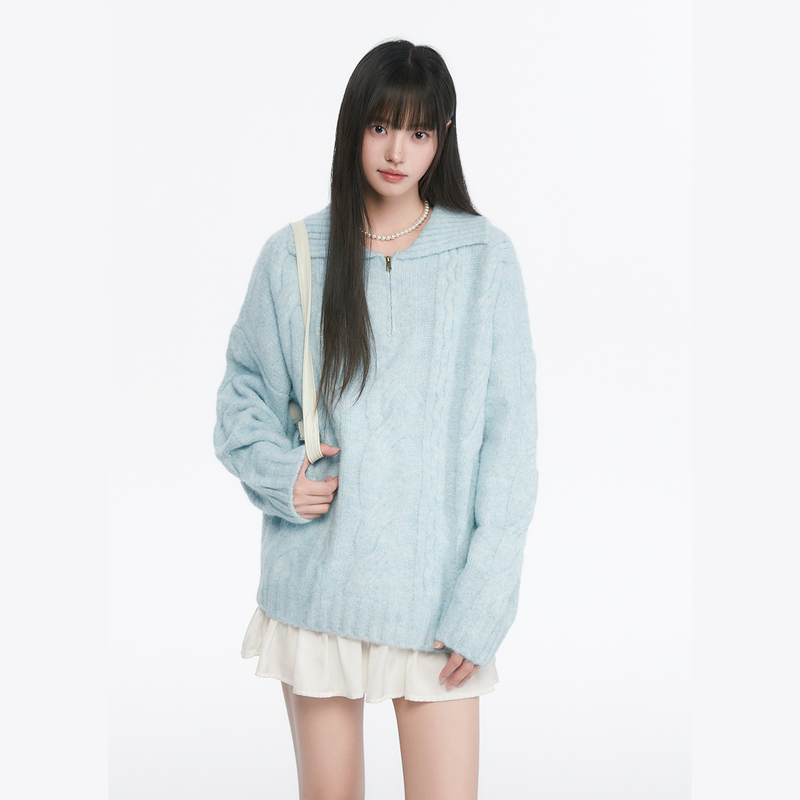 King Prince Preppy Style Cable Knit Lapel Loose Versatile Pullover Knit Sweater for Women, Commuter Sweater for Autumn and Winter