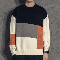 Yi Contrast color stitching thickened mens sweater Tide brand Hong Kong style Korean trend loose winter sweater