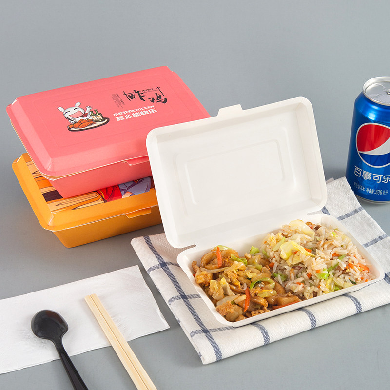 Disposable environmentally-friendly dining box paper lunch box with lid paper fast food rectangular rice packing case for commercial barbecue