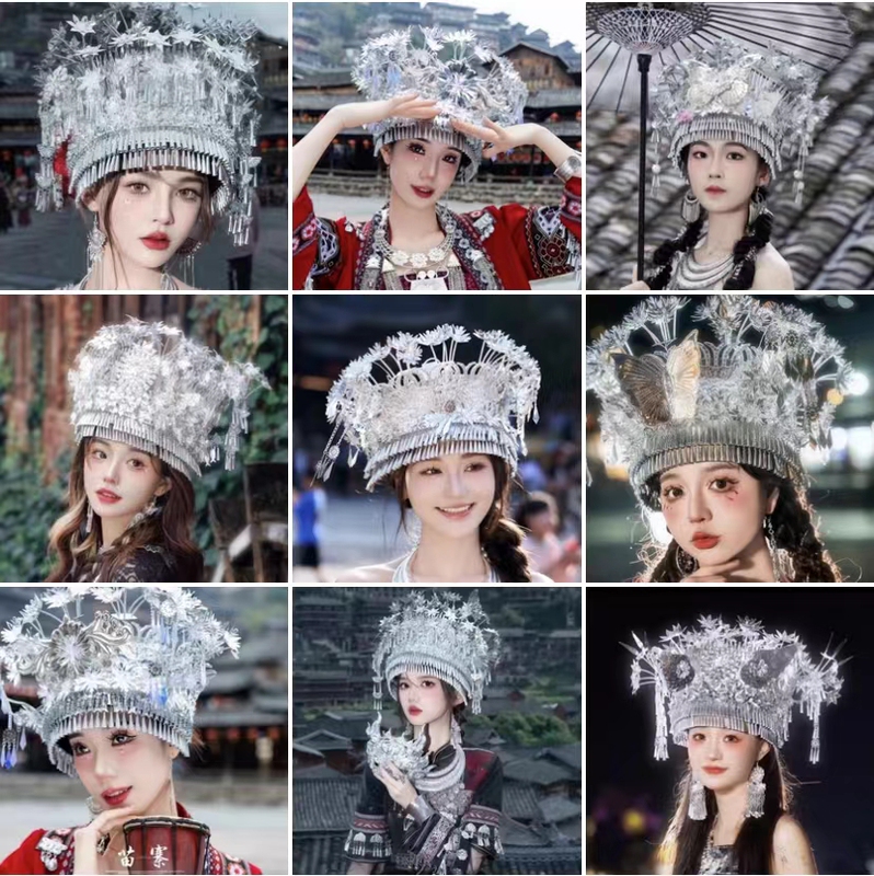 New Ethnic Minority Headwear, Miao Ethnic Group High-End Silver Jewelry, Guangxi, Guizhou, Yunnan Ethnic Style Characteristic Hat Accessories