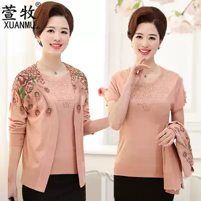 Middle-aged and elderly women's spring and autumn clothes real two-piece long-sleeved cardigan mother suit knitwear short-sleeved T-shirt top