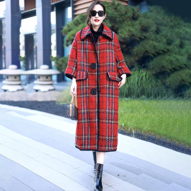 2025冬季新款爆款小香风毛呢外套女高端气质格子长款羊毛呢子大衣
