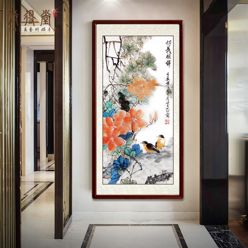 Chandang pure hand painted national flower bird painting Chinese style Xuanguan Decorative Painting Veranda Aisle Vertical version Flower opening rich and expensive hanging painting