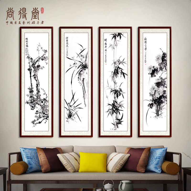 Chandang Mei Lanzhu Chrysanthemum Pure Hand-painted Four Screens Modern Chinese Living Room Decoration Painting Sofa Background Wall Four Couplets