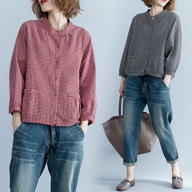 Cotton and Linen Plaid Shirt for Women 2022 Spring and Summer New Style Loose Slimming Artistic Retro Long-Sleeved Shirt Large Size Thin Top
