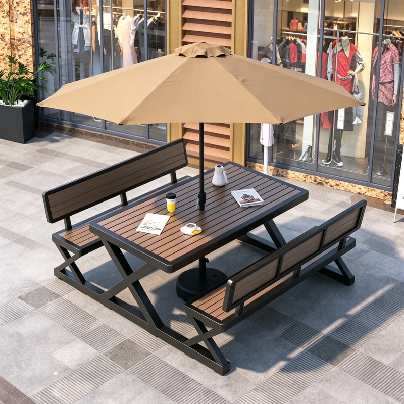 Outdoor Patio Barbecue Restaurant Table and Chair Set, Plastic Wood Picnic Table with Umbrella Hole, Leisure Square One-Piece Table and Chair Combination